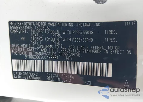 2018 Toyota Sienna Xle Premium 7 Passenger z USA, uszkodzony, nr VIN 5TDDZ3DC9JS188884